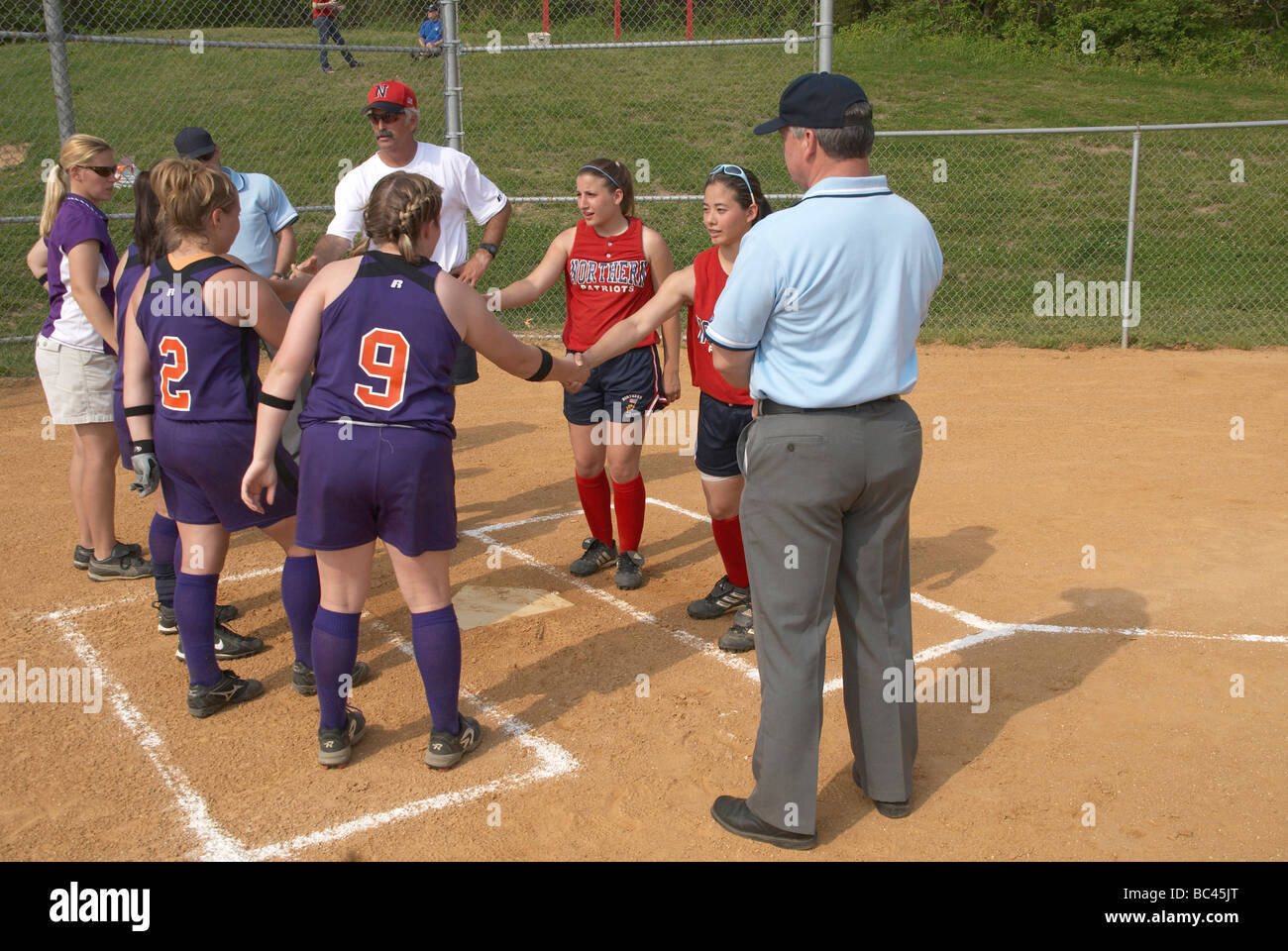 Team captains give a friendly handshake before a softball game Stock