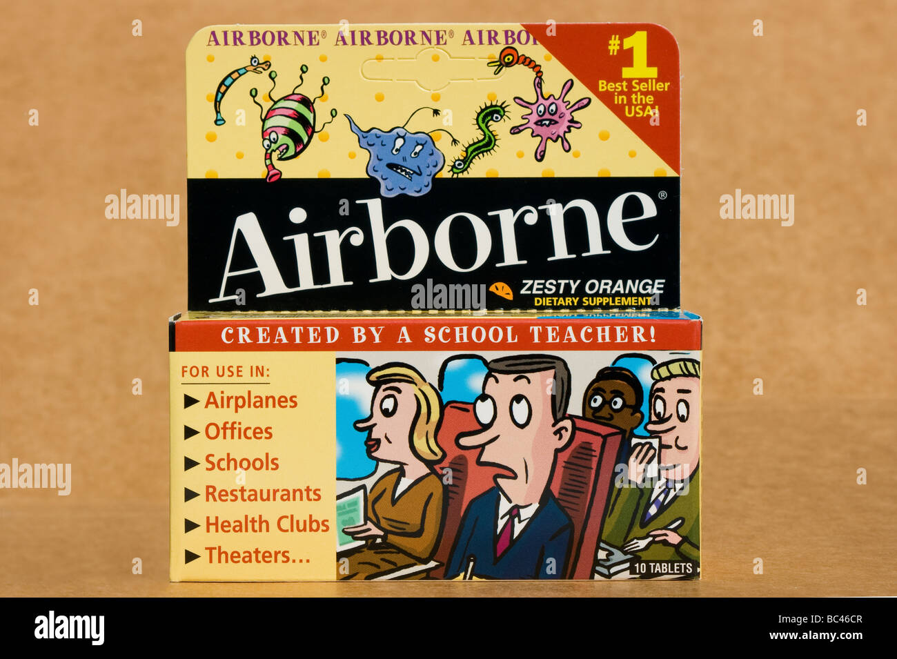 Airborne health formula package which claims to prevent colds and flu.  The FTC decreed that Airborne was falsely advertised. Stock Photo