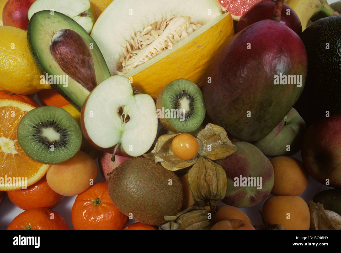 Various tropical sub tropical Mediterranean and temperate fruit Stock Photo