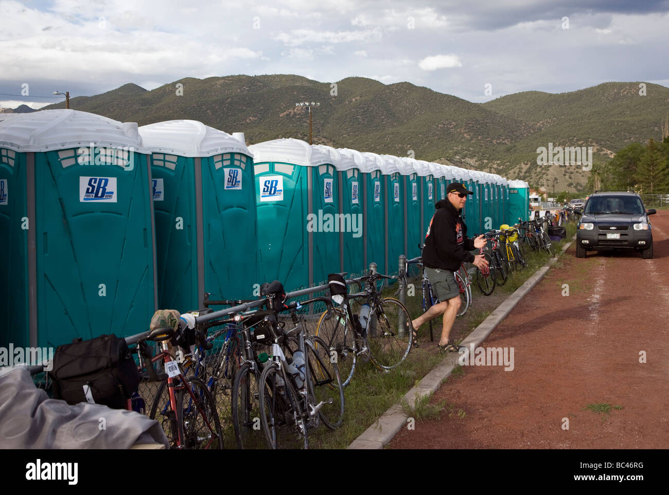 Portable toilets for cyclists camping at the Salida High School in Colorado during the annual Ride The Rockies bicycle tour Stock Photo