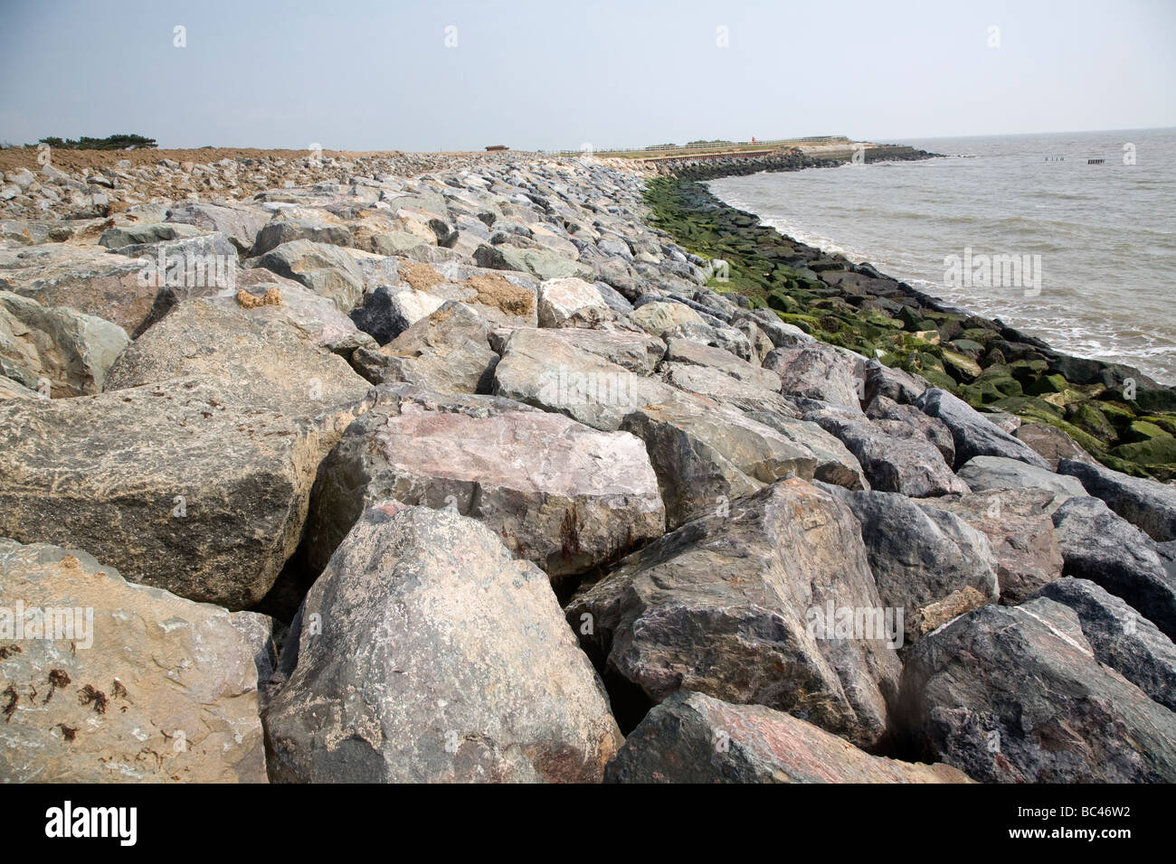 New rock armour sea defences East Lane Bawdsey Suffolk Stock Photo