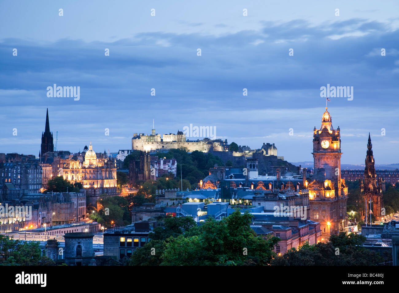 Edinburgh skyline at dusk, Edinburgh, Scotland Stock Photo