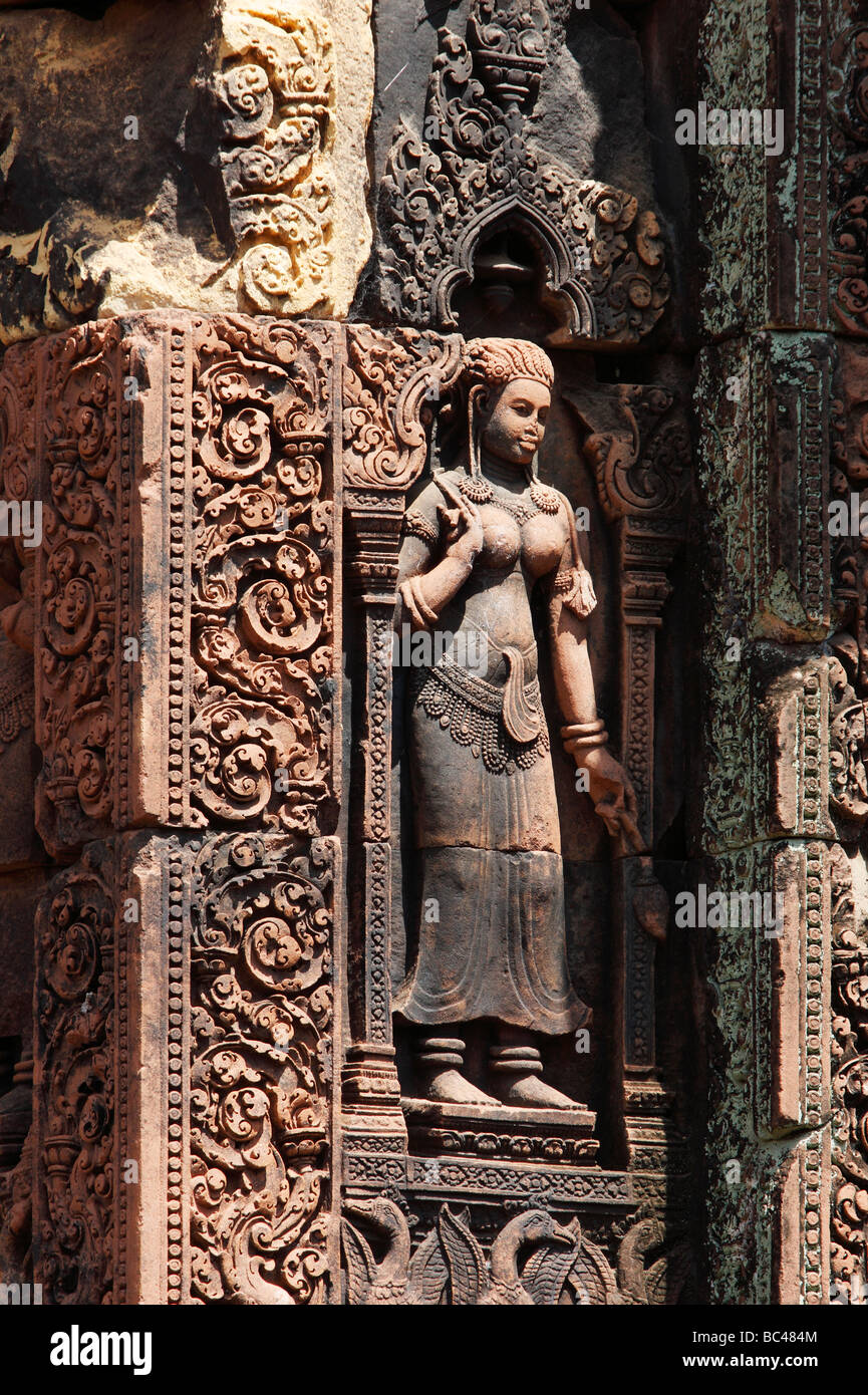 "Banteay Srei" temple ruins, carved female figure, Angkor, Cambodia Stock Photo