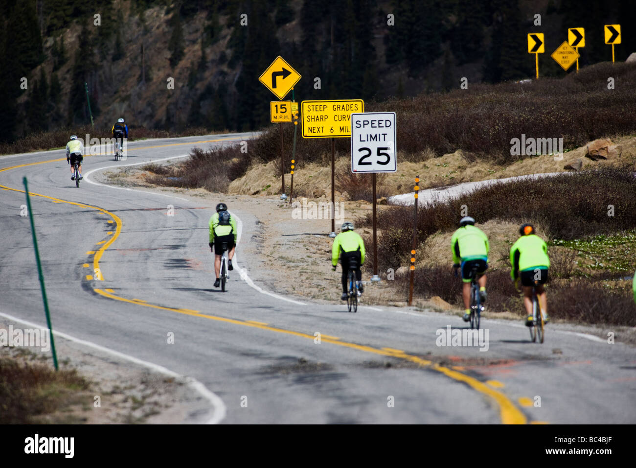 Cyclists riding down from Independence Pass in Colorado during the annual Ride The Rockies bicycle tour Stock Photo