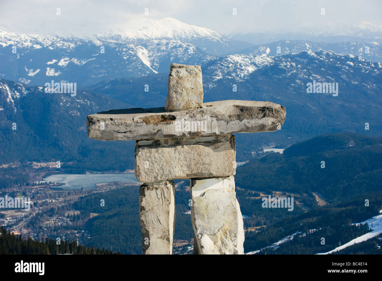 an Inuit Inukshuk stone statue Whistler mountain resort venue of the 2010 Winter Olympic Games Stock Photo