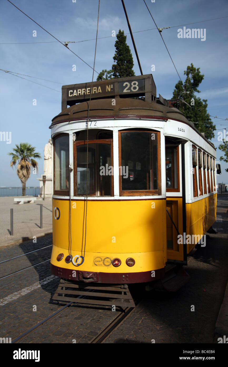 Old street tram in Lisbon, on the Hill of Alfama neighbourhood in ...