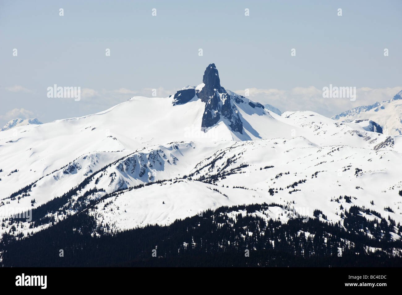 Black Tusk seen from Whistler Peak mountain resort venue of the 2010 Winter Olympic Games Stock Photo