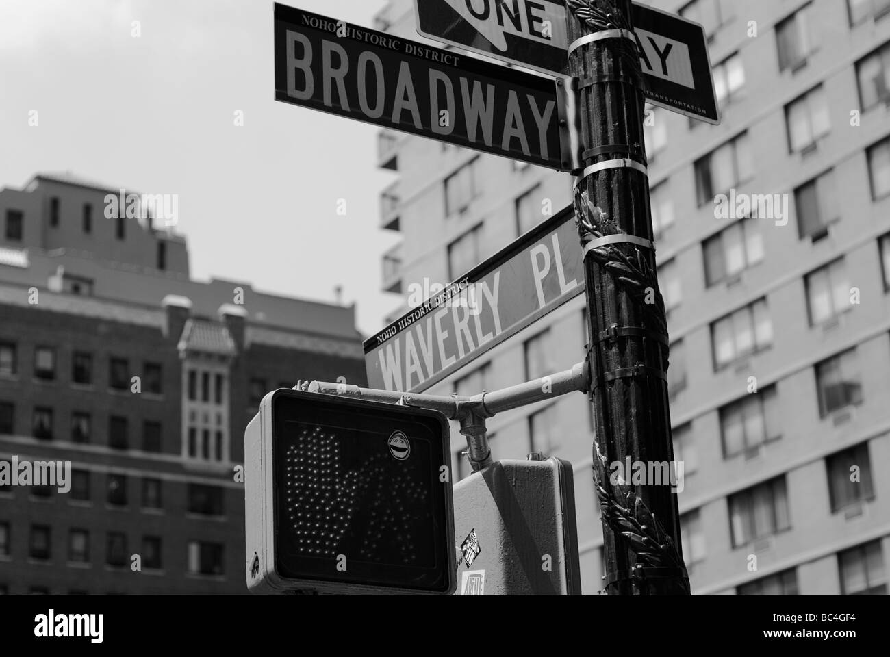 Street sign showing "Broadway", "Waverly PL", a "one way" sign.New York City, Ny, 2009 Stock