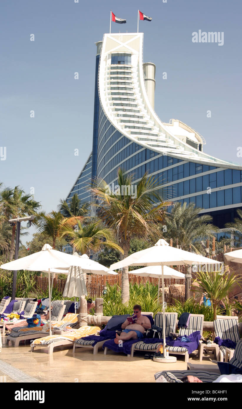The Jumeirah Beach Hotel, Dubai, seen from the Wild Water Wadi water park, UAE Stock Photo