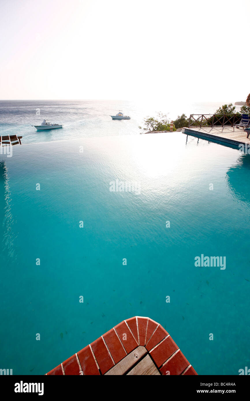 View over the ocean from the pool on the Caribbean isle Curacao in the Netherlands Antilles Stock Photo