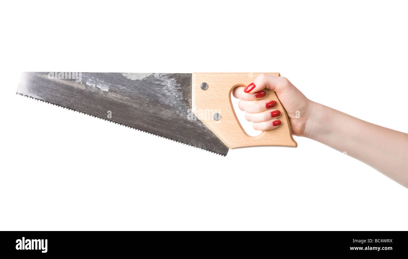 Woman hand with saw Isolated on white Stock Photo