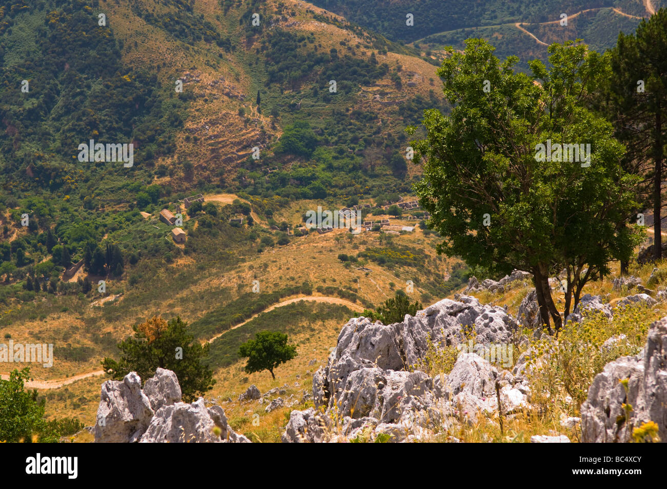 Abandoned village of Paleo Zorio seen from Pantokrator. Corfu. Stock Photo