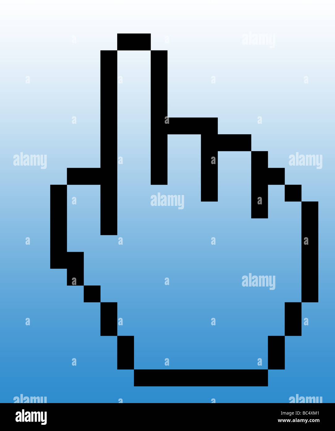 Black pointing hand computer cursor symbol graduated blue background Stock Photo