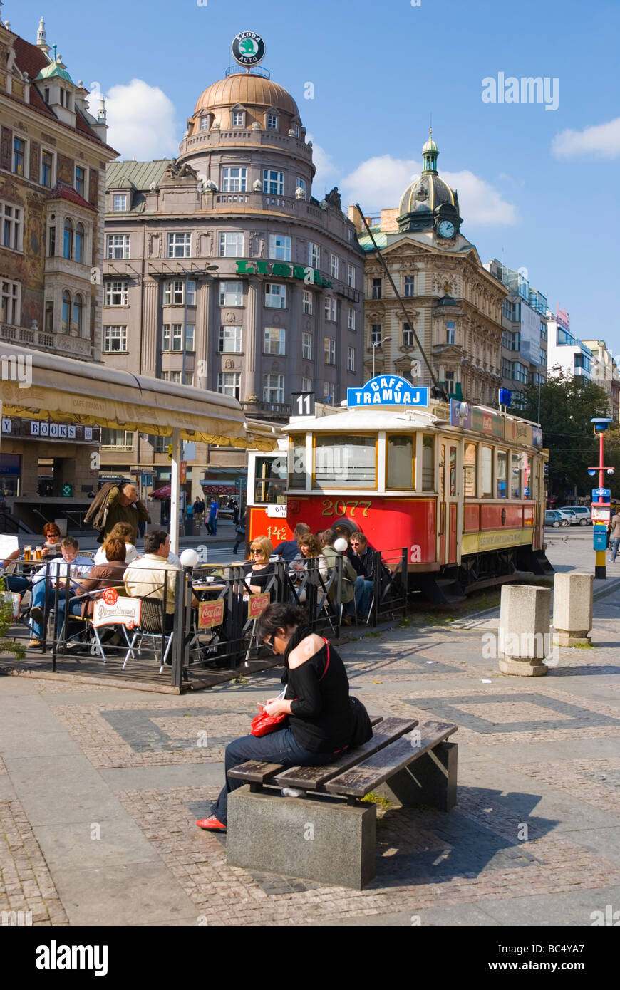 Cafe Tramvaj at Vaclavske namesti square in central Prague Czech Republic Europe Stock Photo