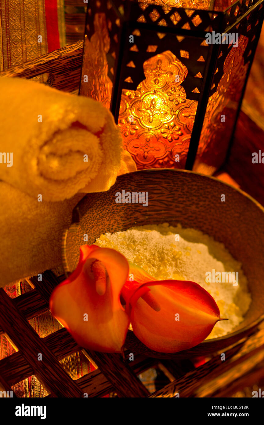 Moroccan themed spa towel and bath salts on a tray Stock Photo