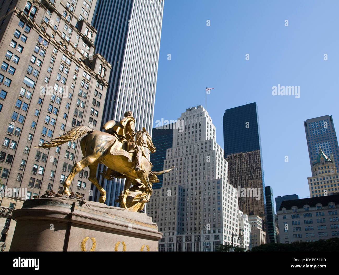 equestrian gold colored statue at Central Park New York Stock Photo Alamy