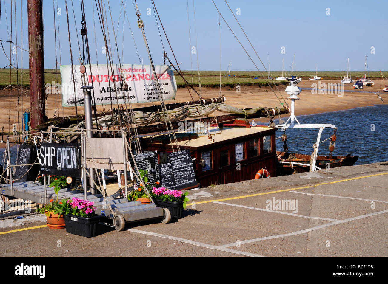The Dutch Sailing Ketch Albatros, now a pub ship moored at at the Quayside at Wells next the Sea