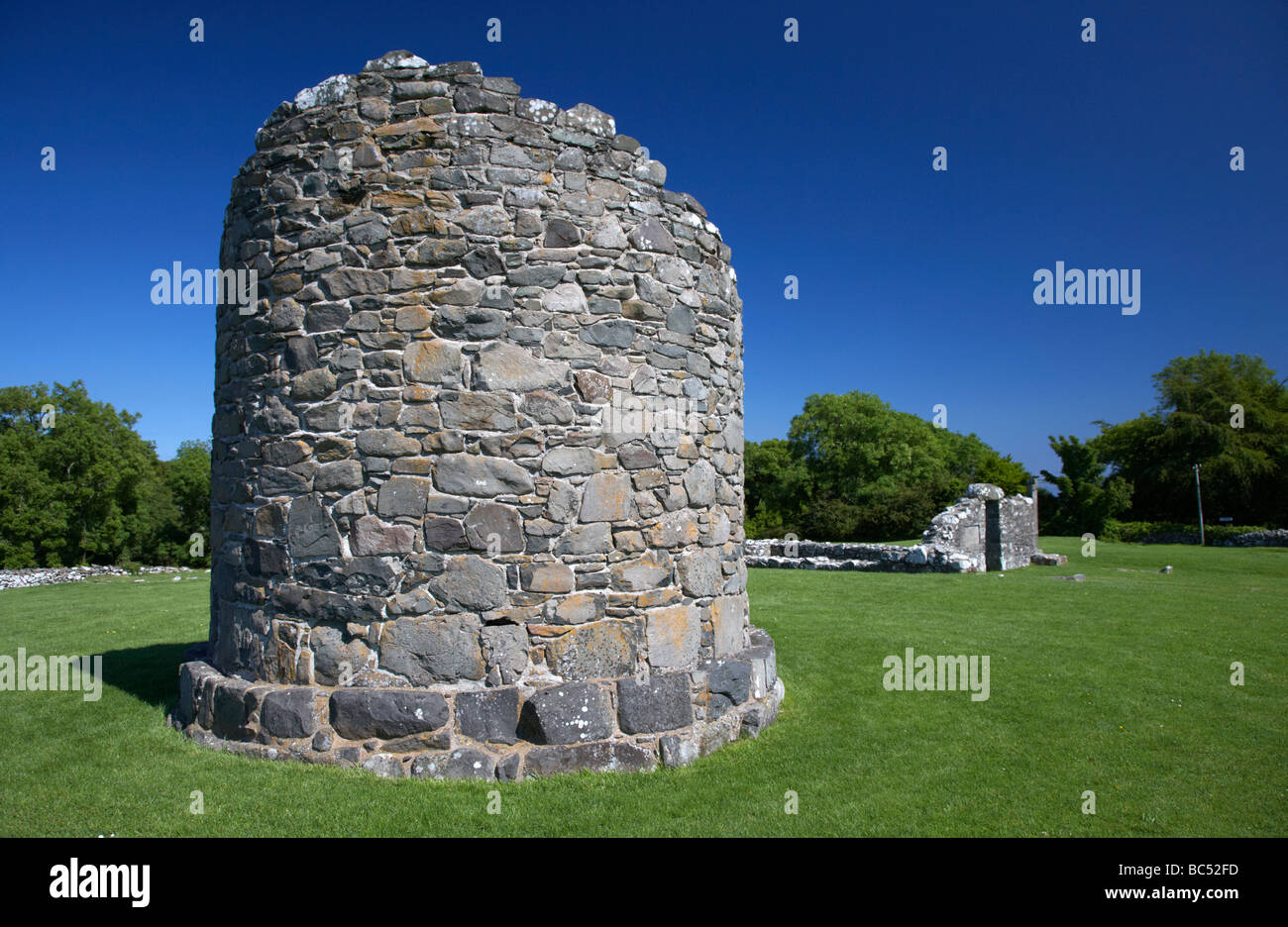 remains of the 6th century round tower at the monastic site at nendrum on mahee island county down northern ireland Stock Photo