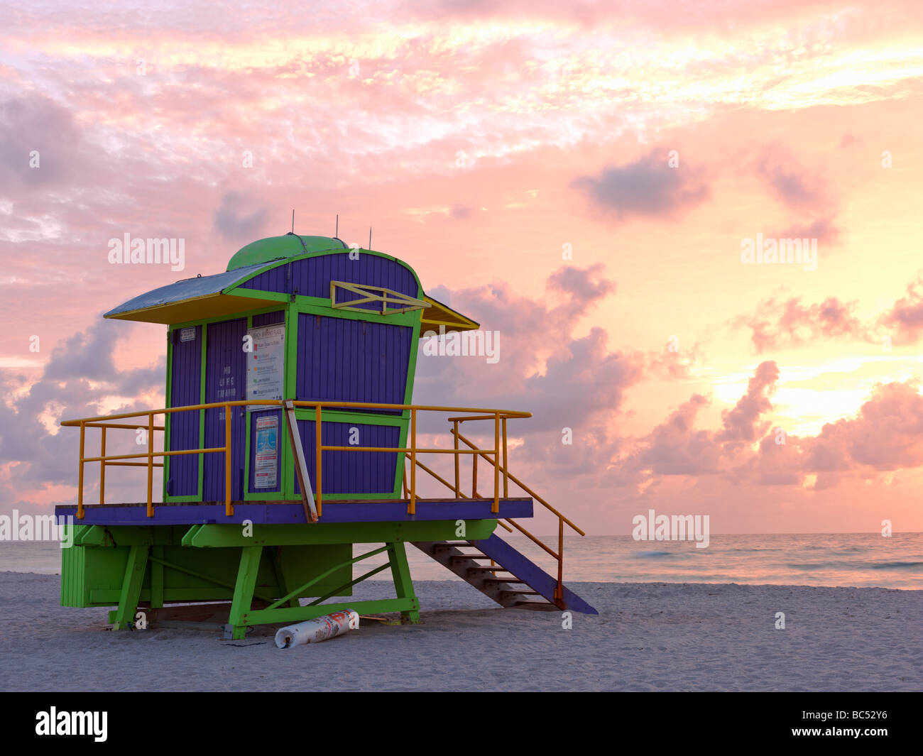 Art Deco style lifeguard station  on South Beach Miami at sunrise Stock Photo