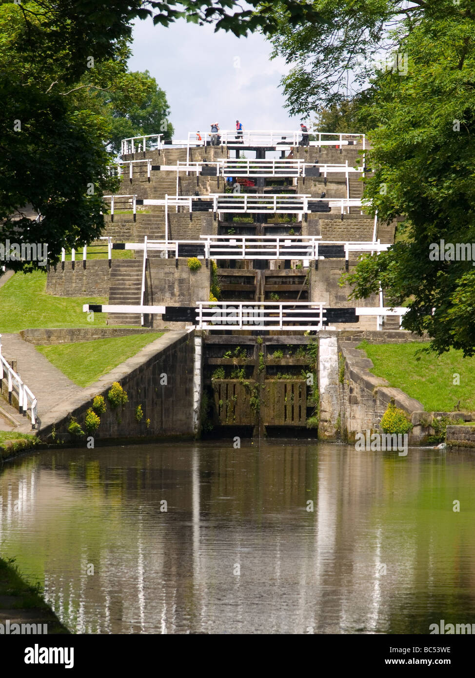The 5 rise locks on the Leeds and Liverpool canal at Bingley West Yorkshire Stock Photo