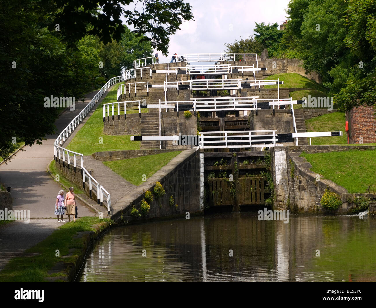 The 5 rise locks on the Leeds and Liverpool canal at Bingley West Yorkshire Stock Photo