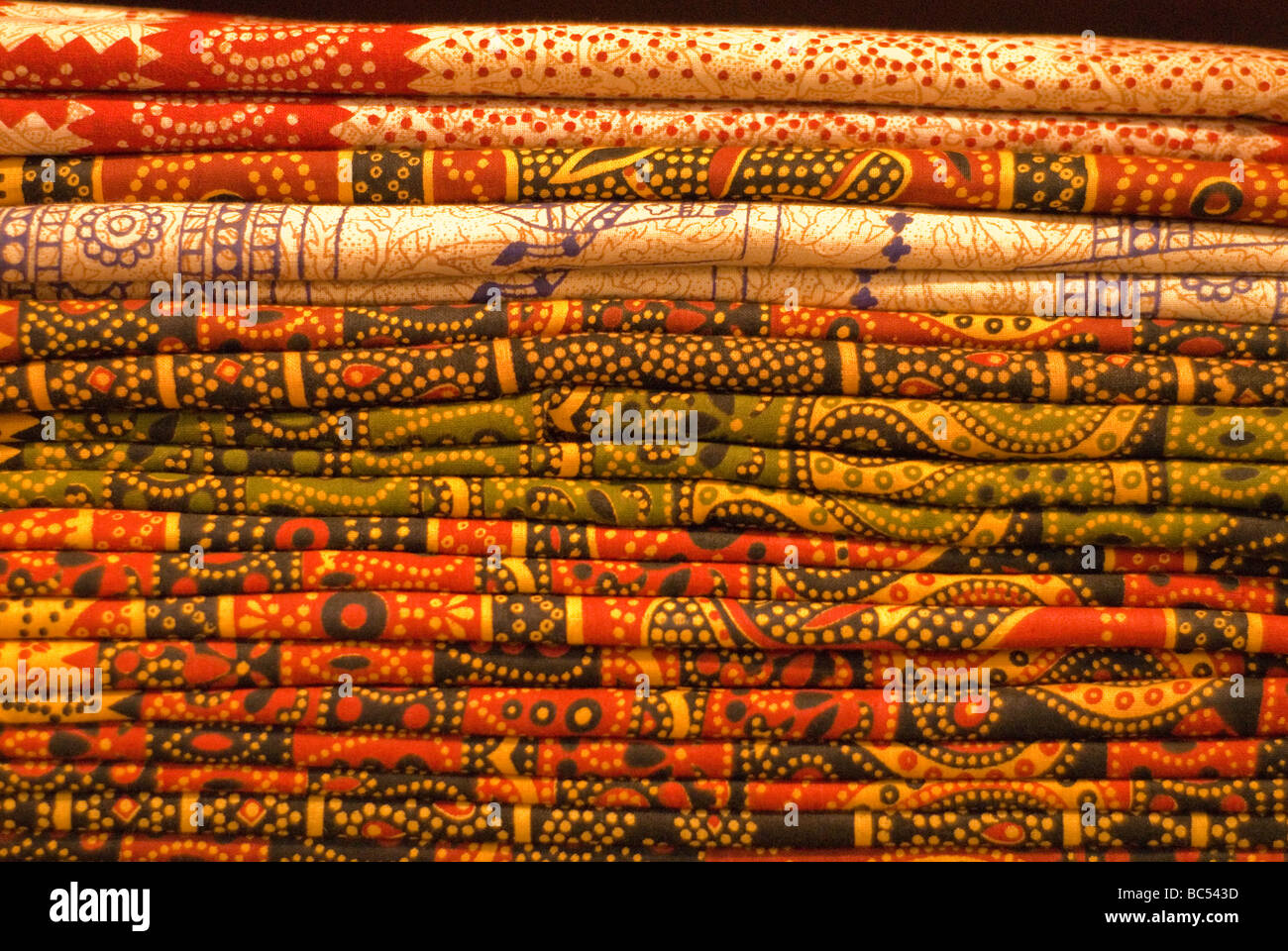Indian fabric popular with tourists. A New Delhi shop. Stock Photo