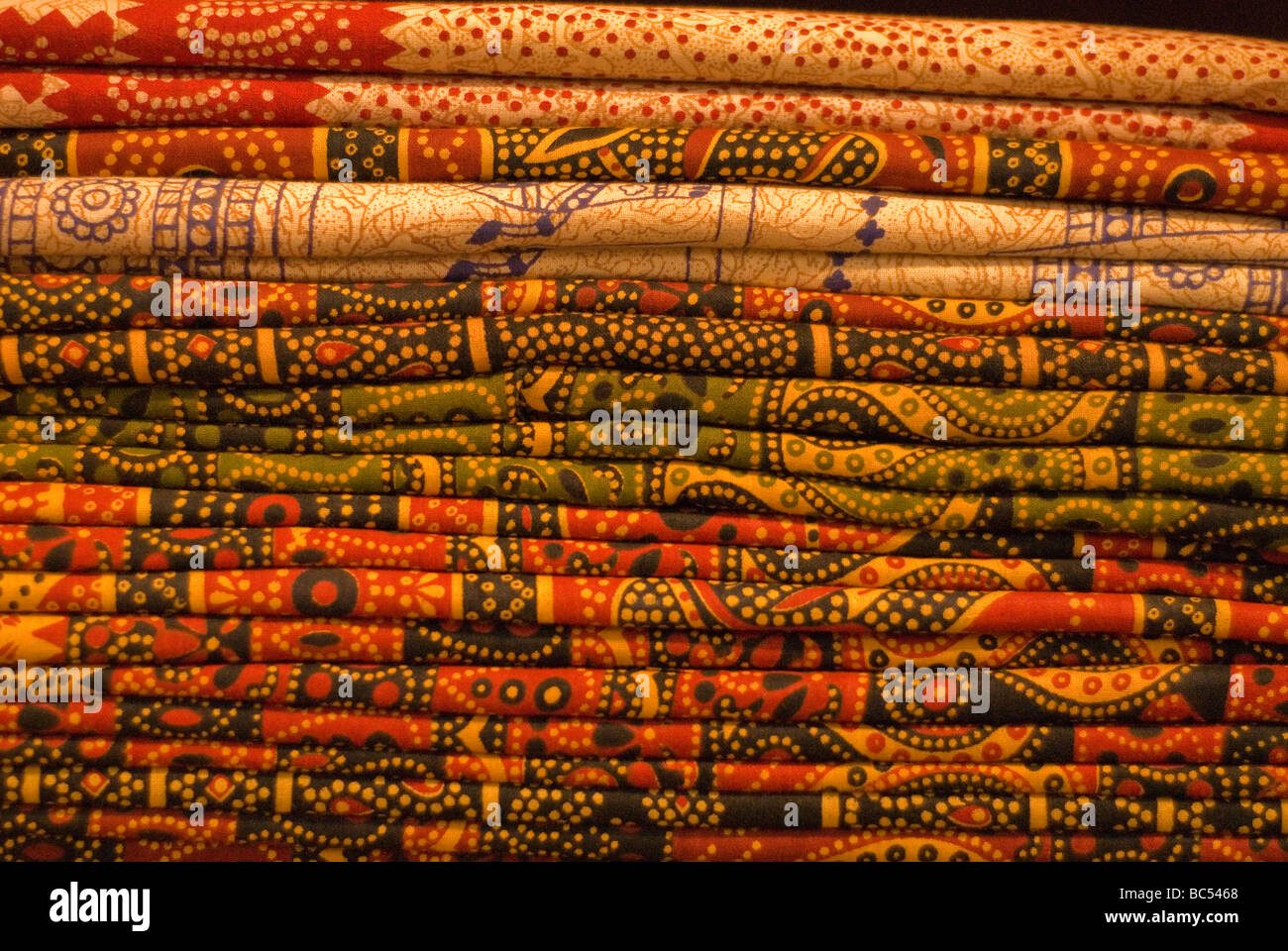 Indian fabric popular with tourists. A New Delhi shop. Stock Photo