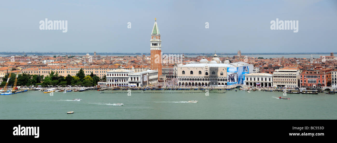 Venice, Veneto/ Italy: Panoramic view of San Marco district with Campanile and Dodge's palace seen from lagoon. Stock Photo