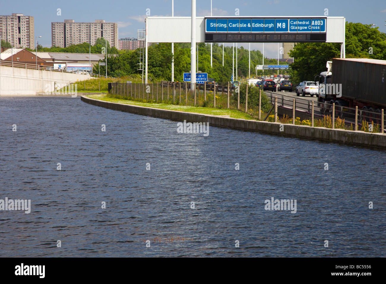 Looking over the Forth and Clyde Canal to the M8 Motorway Stock Photo