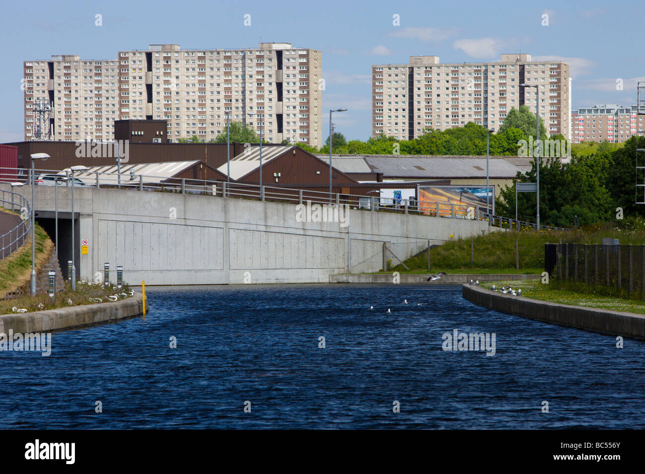 Forth and Clyde Canal with Flats in Background Stock Photo