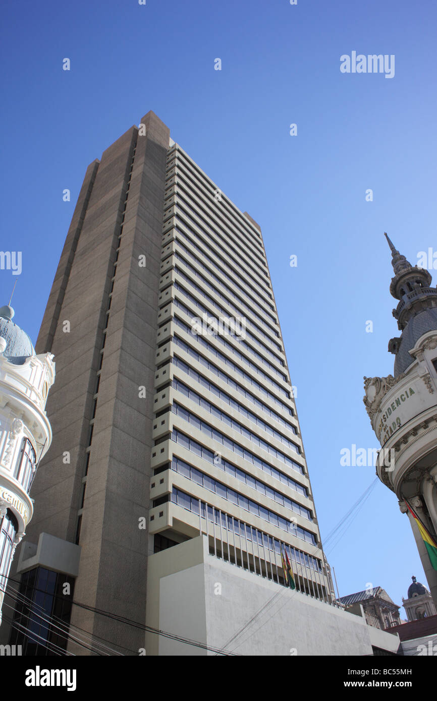 Low angle view of the Banco Central de Bolivia / Bolivian Central Bank building, La Paz, Bolivia Stock Photo