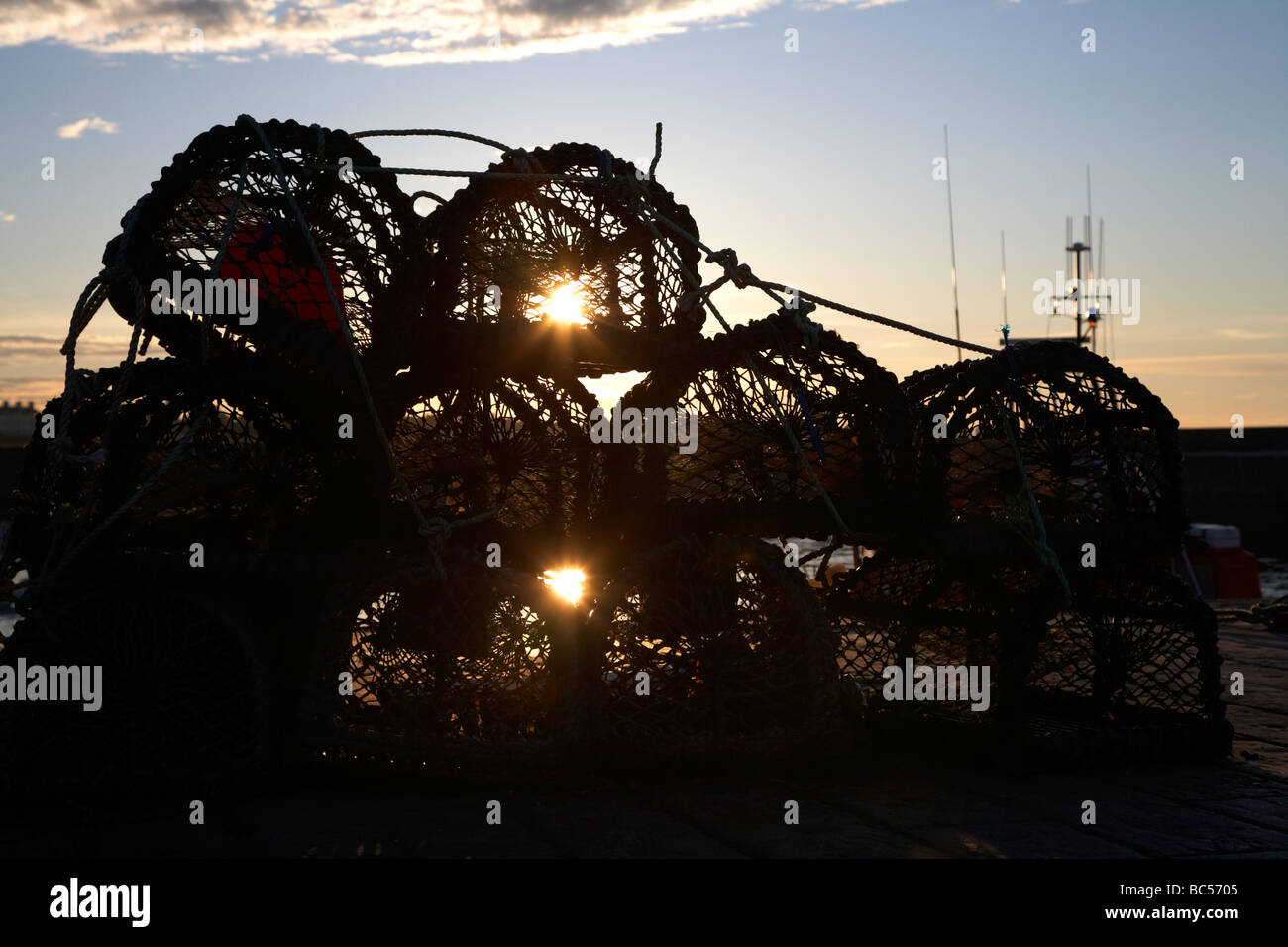 stack of lobster pots in setting evening sun in donaghadee harbour county down northern ireland uk Stock Photo