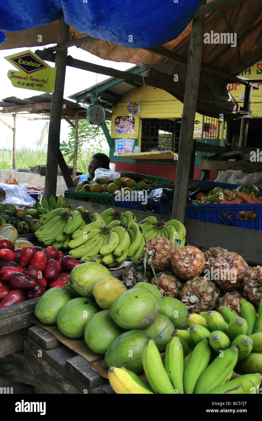 Woman selling tropical fruits at a side road stall in Middle Quarters, Jamaica Stock Photo
