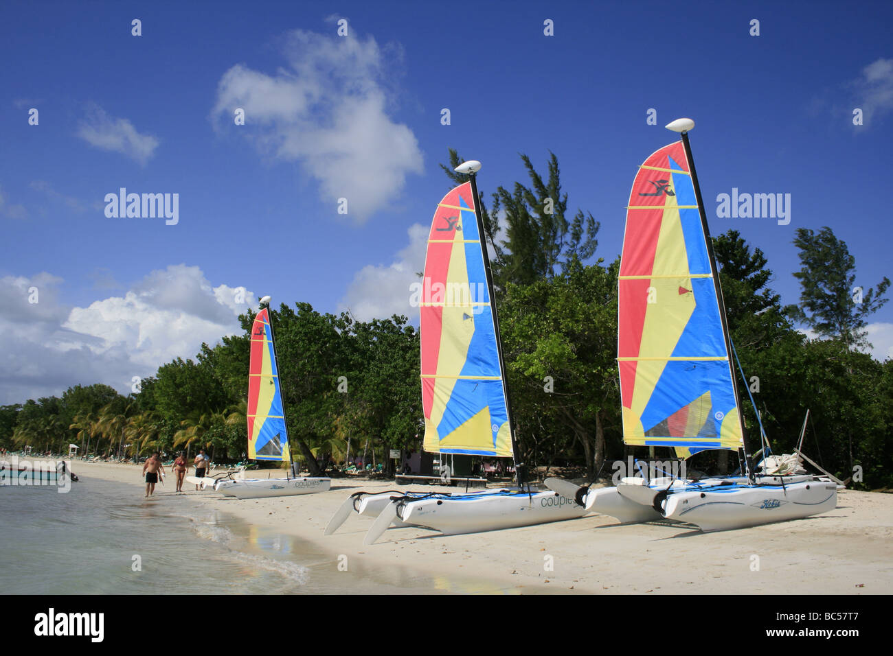Sailing catamarans on Bloody bay beach, Negril Stock Photo