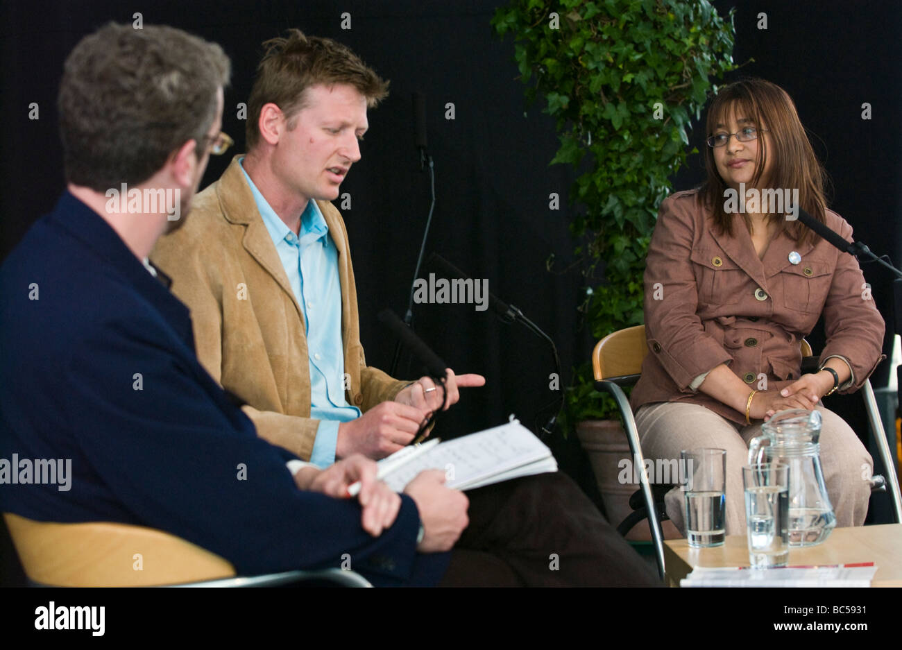 Green World Question Time at Hay Festival 2009 l-r Andy Fryers, Mark Lynas, and Dr Farahanaz Faizal Stock Photo