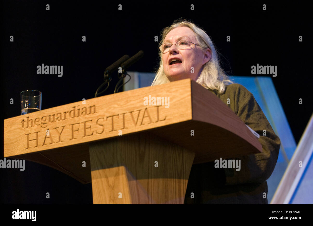 Gillian Clarke National Poet for Wales speaking on stage at Hay