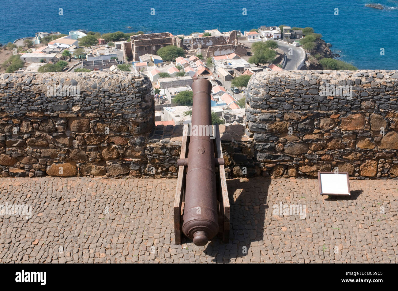 Cannon and loop hole Ciudad Velha Cidade Velha Santiago Cabo Verde Africa Stock Photo