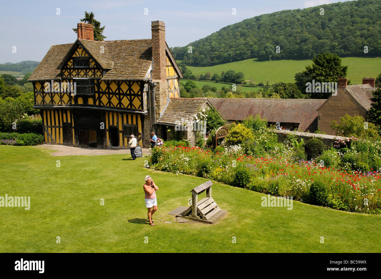Stokesay Castle gatehouse wild flowers growing in the courtyard Shropshire England UK Stock Photo