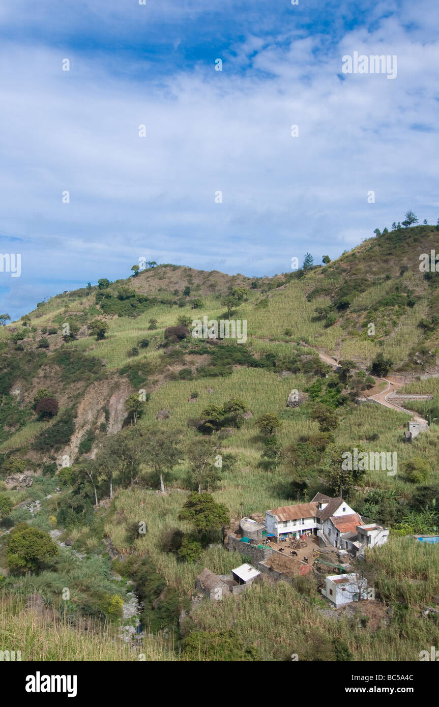Mountain landscape with little houses San Antao Cabo Verde Africa Stock Photo