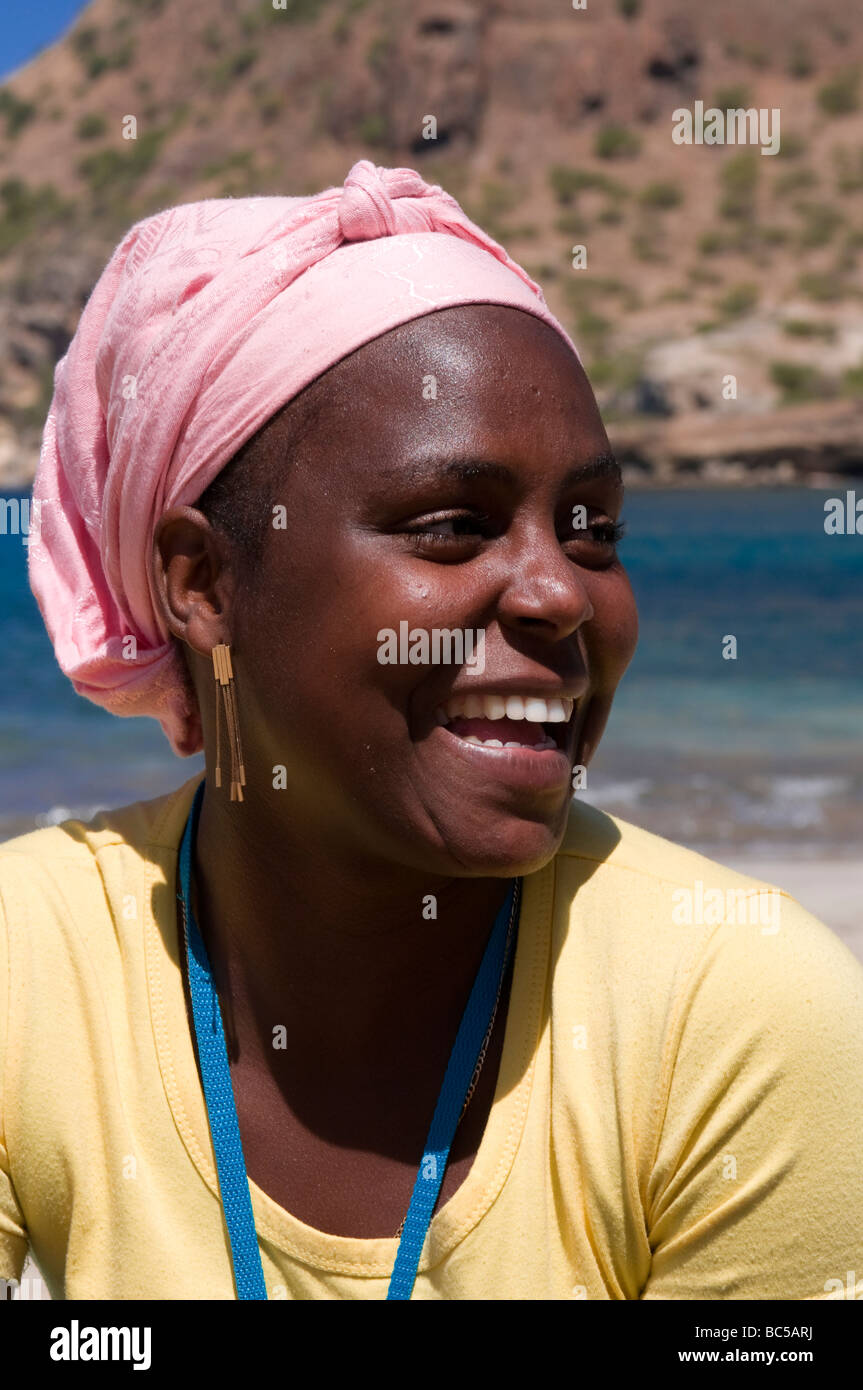 Portrait of laughing dark skinned woman Tarrafal Santiago Cabo Verde Africa Stock Photo