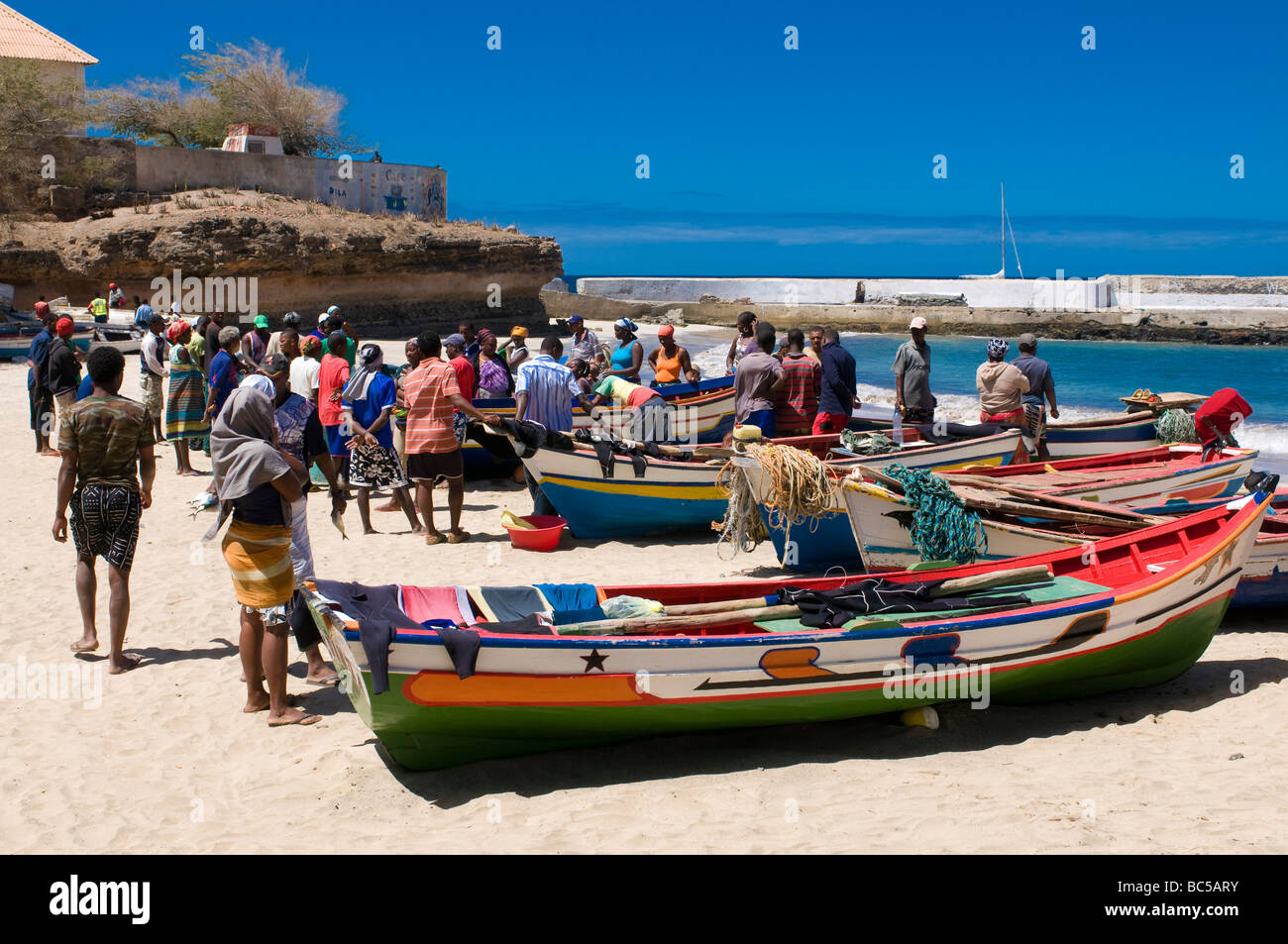 Fisher boats at sandbeach of Tarrafal Santiago Cabo Verde Africa Stock Photo