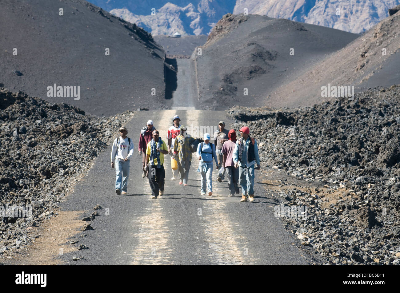 Group of hikers on path Fogo Cabo Verde Africa Stock Photo
