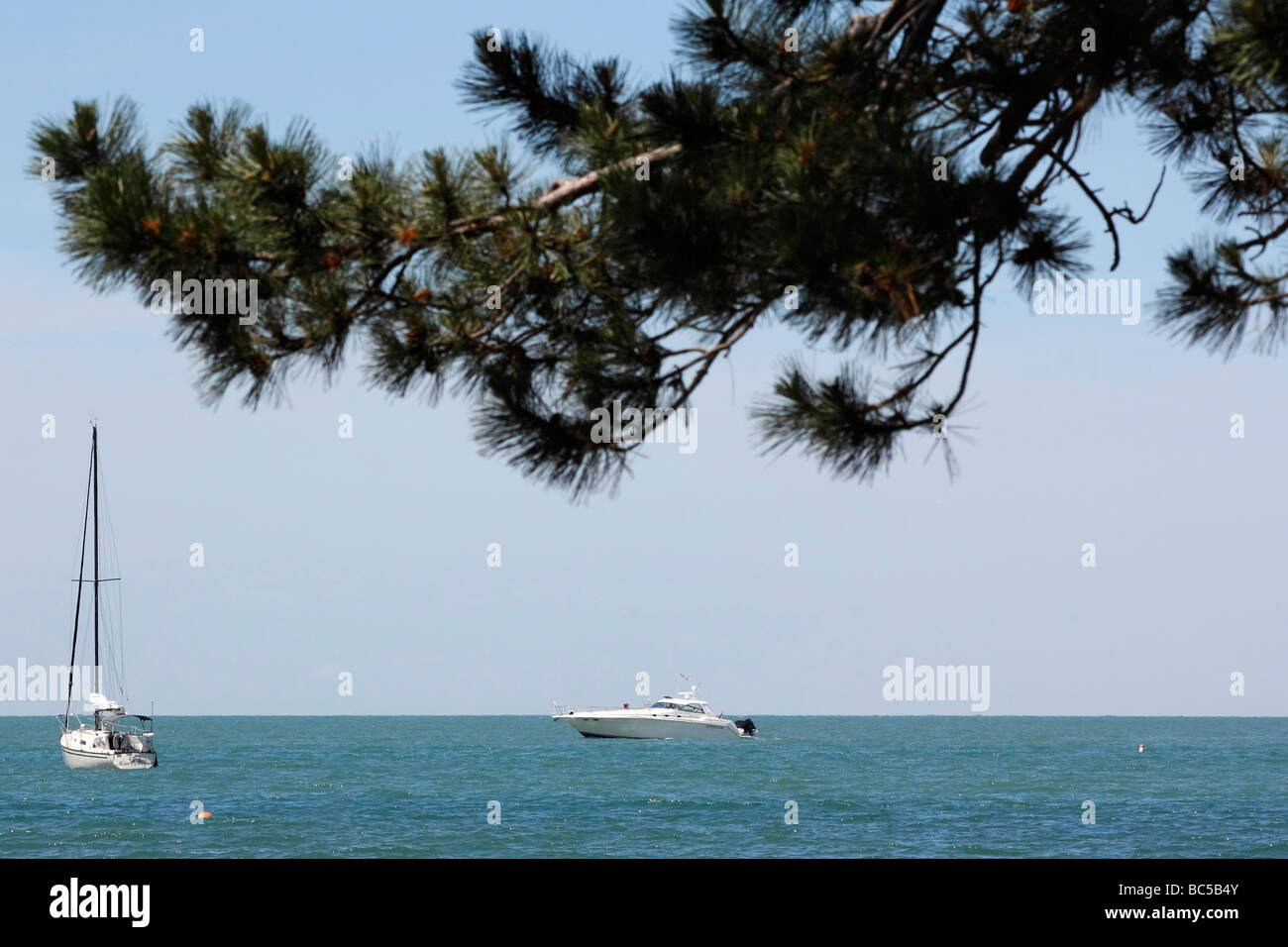 Island Put in Bay Lake Erie Ohio USA two sailboats water sky tree