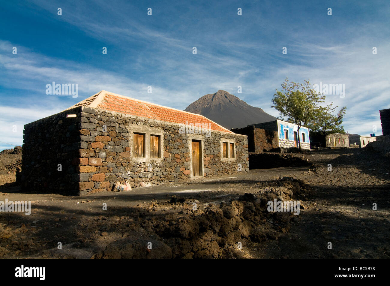 Stonehouse with vulcano in background Fogo Cabo Verde Africa Stock Photo