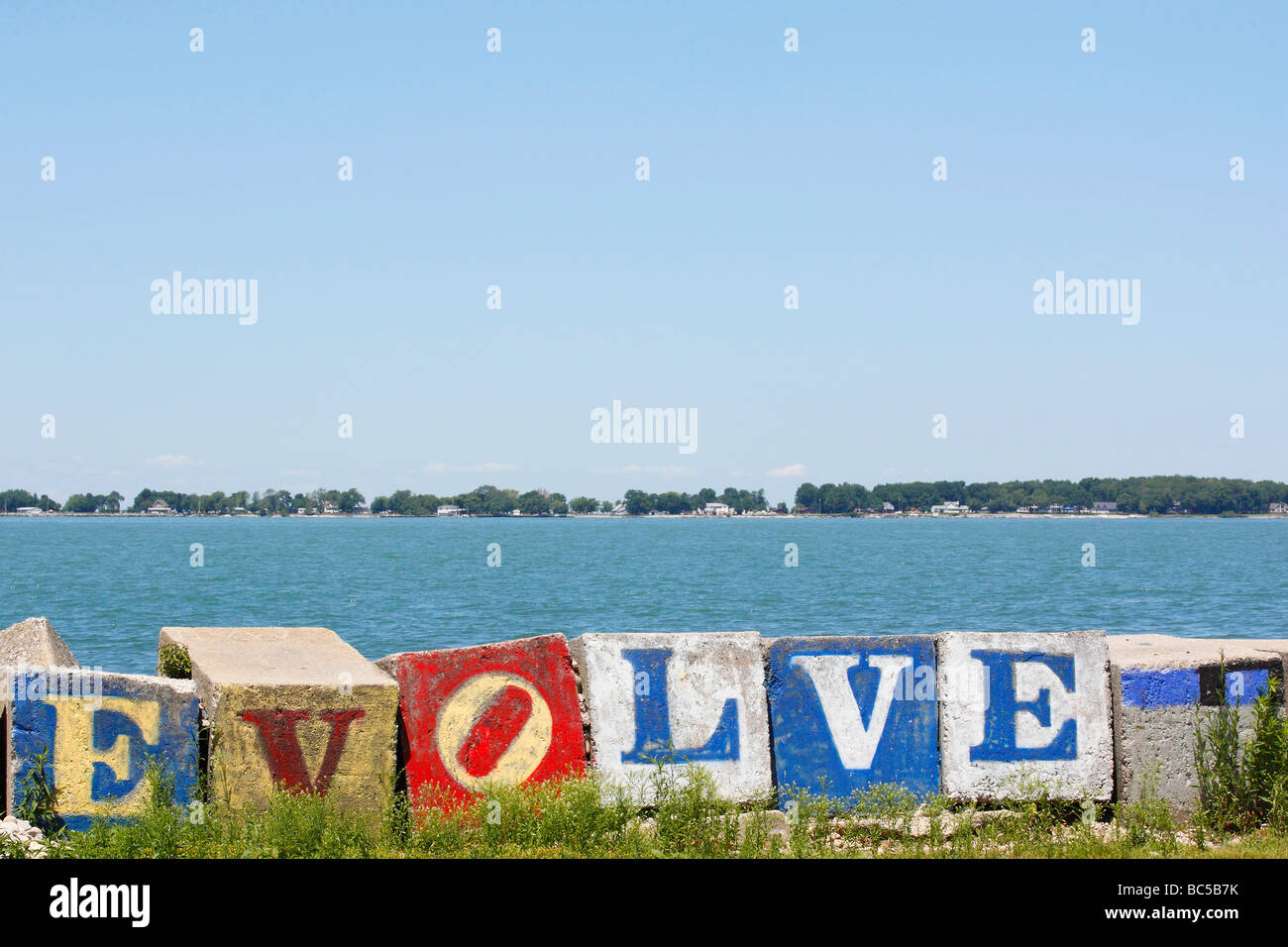 Island Put in Bay Lake Erie Ohio OH  in USA US inscription EVOLVE outside horizon front view daily life living lifestyle horizontal hi-res Stock Photo