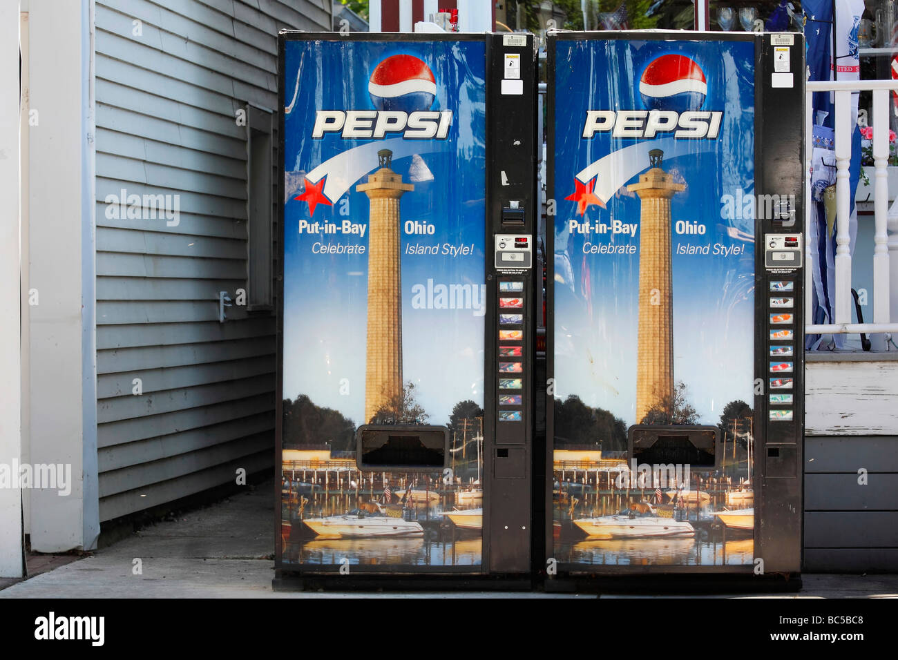 Vending machines Pepsi Cola beverages and logo Put in Bay USA close up