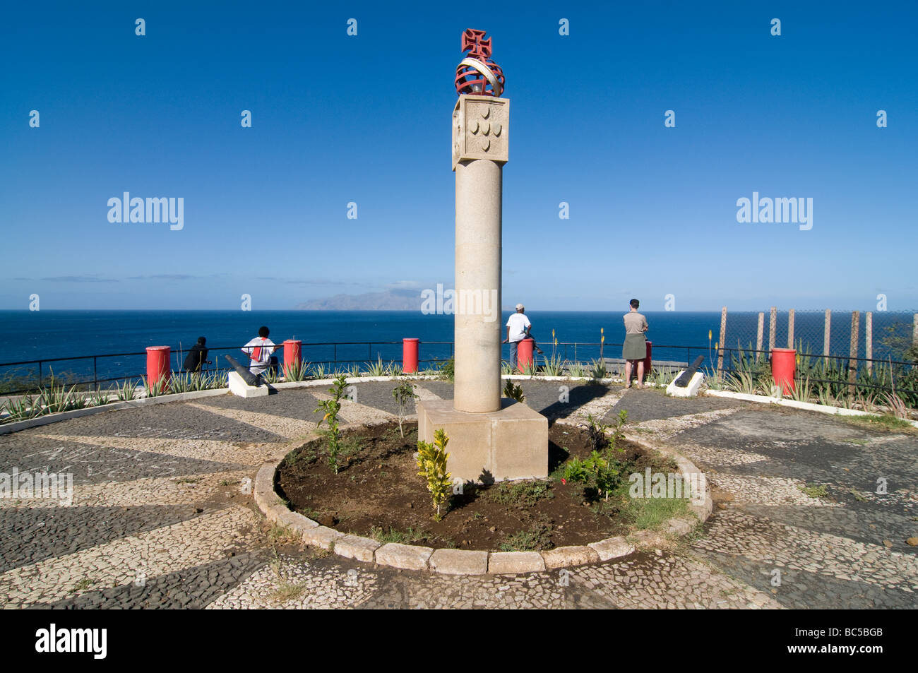 Soldiers commemorative with view to sea San Felipe Vulcano Fogo Fogo Cabo Verde Africa Stock Photo