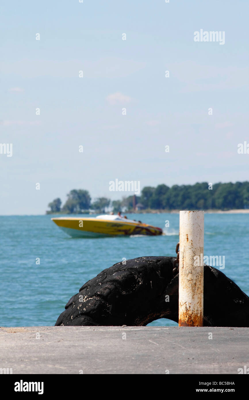 Pier board and motor boat on Lake Erie Put in Bay USA Stock Photo Alamy