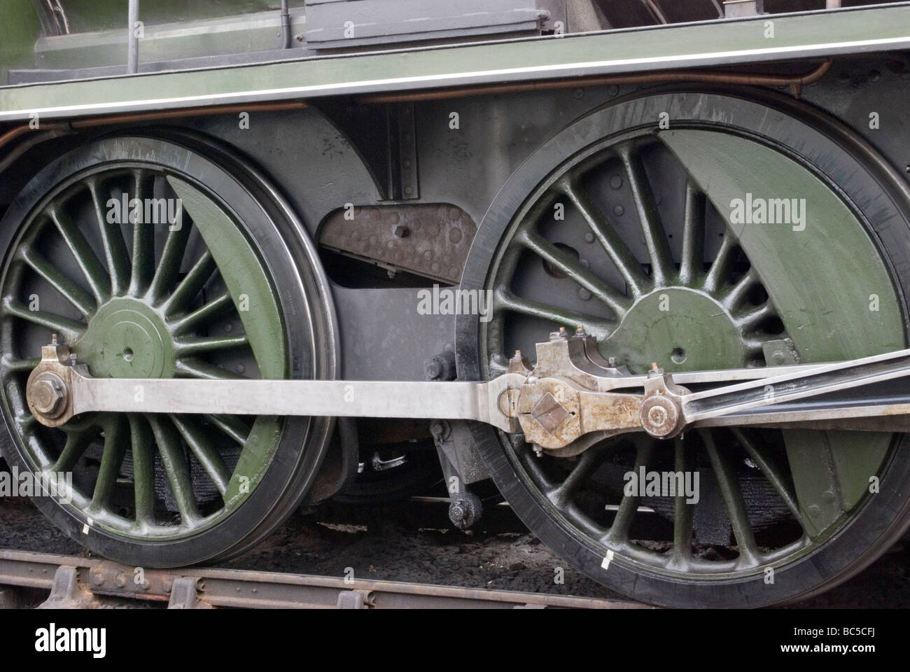 Close up running gear steam train locomotive Grosmont North Yorks Stock Photo