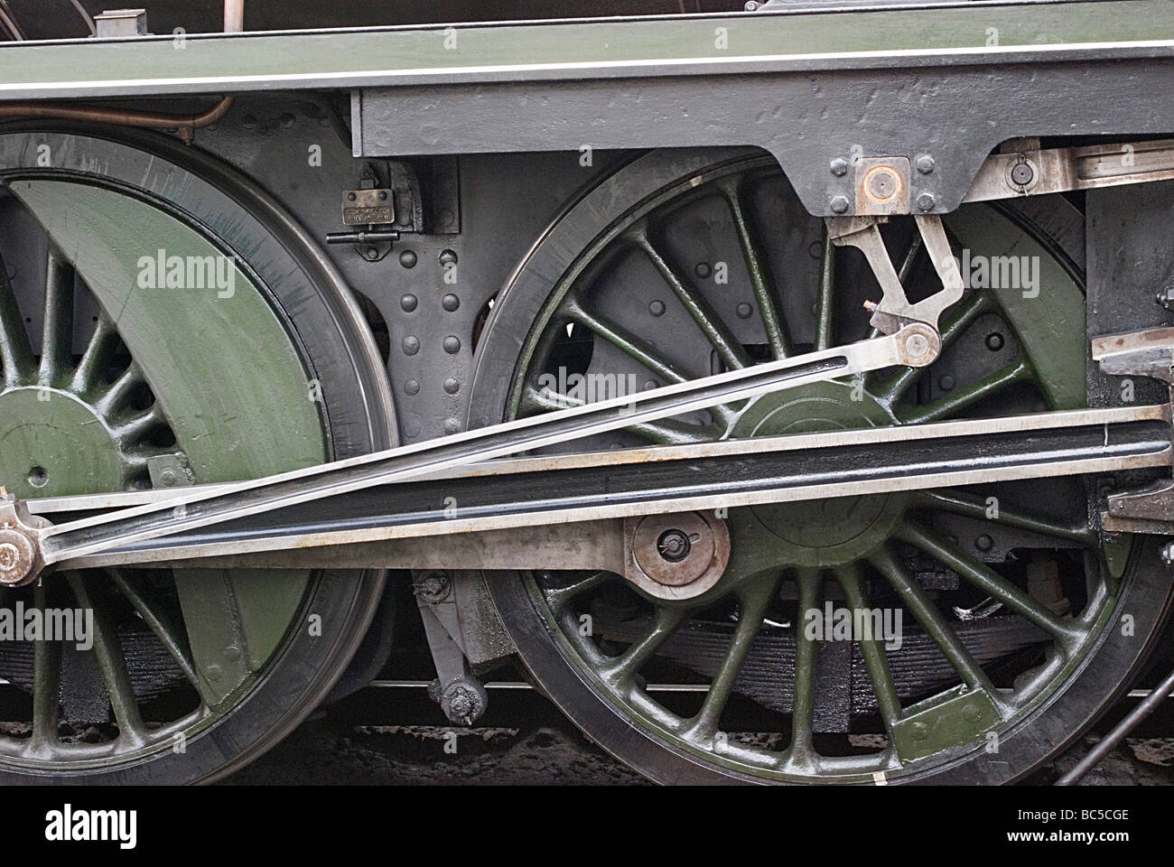 Close up running gear steam train locomotive Grosmont North Yorks Stock Photo